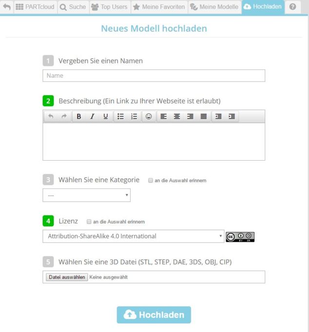 Die Komponente wird hochgeladen und die Angaben sowie Details ausgefüllt, damit das 3D CAD Modell von anderen Nutzern besser gefunden werden kann.